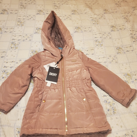 🧁NWT DKNY Girls Small Dusty Rose Blush Reversible Full Zip Hooded Winter Jacket - Picture 2 of 10